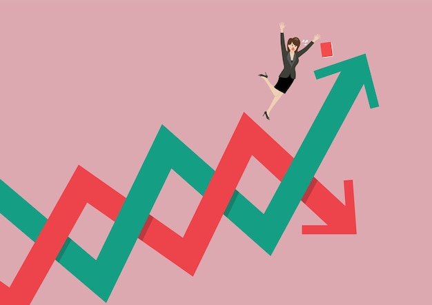 Mujer de negocios perdiendo el equilibrio en la flecha de fluctuación del mercado de valores. Grafica arriba y grafica abajo concepto.