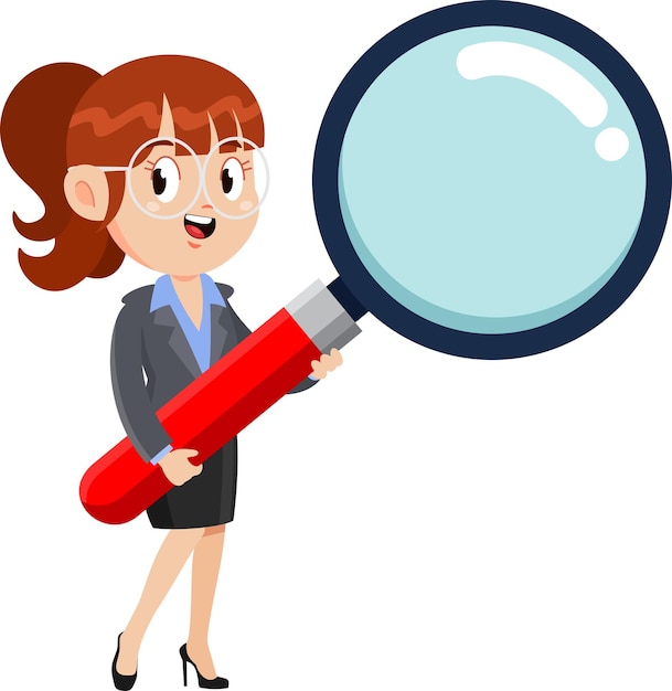 Mujer de negocios personaje de dibujos animados con gran lupa