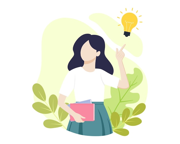 mujer de negocios personaje de pensamiento sosteniendo libro solución de problemas idea y concepto de creatividad