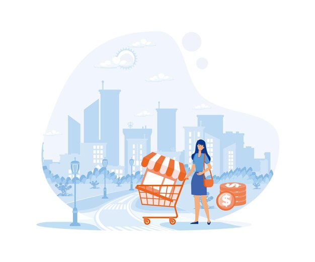Mujer de negocios de pie y comprando una ilustración moderna de vector plano de franquicia
