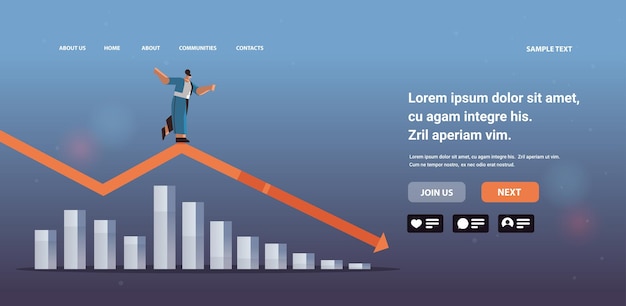mujer de negocios de pie en la flecha roja hacia abajo recesión crisis financiera concepto de bancarrota espacio de copia horizontal ilustración vectorial de longitud completa