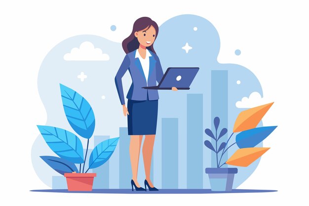 Vector mujer de negocios de pie frente a una computadora portátil mujer de negocio de pie con una computadora portable concepto de progreso desarrollo de crecimiento empresarial ilustración vectorial plana simple y minimalista