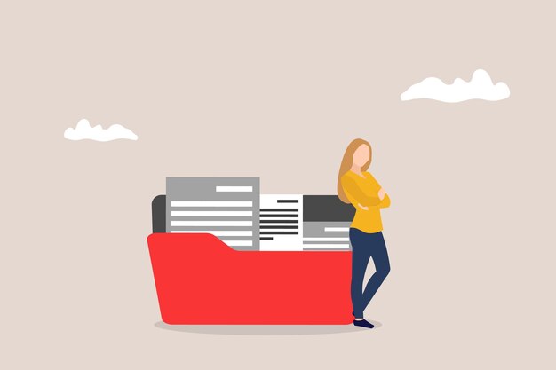 Mujer de negocios de pie junto a archivos carpeta concepto de adicto al trabajo cansado y agotado por el trabajo sobrecargado de trabajo