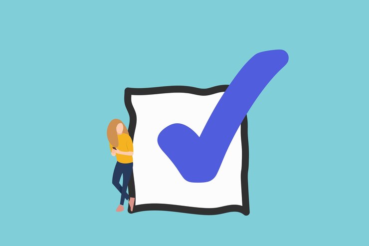 Vector mujer de negocios de pie junto a la marca de verificación completada después de terminar el concepto de la lista de verificación completa del proyecto de tarea completa