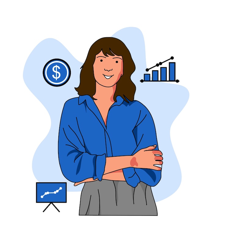 Vector mujer de negocios de pie pensando en la idea de una agencia de negocios para hacer planes para enfrentar la recesión sonriendo