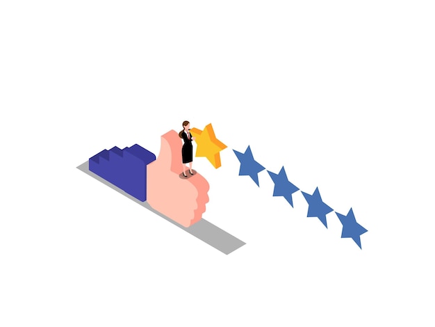 Mujer de negocios de pie con el pulgar hacia arriba sosteniendo la calificación de estrella Ilustración vectorial isométrica 3D