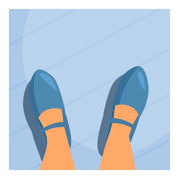 Vector mujer de negocios de pie en el suelo de vidrio mirando hacia abajo en sus zapatos