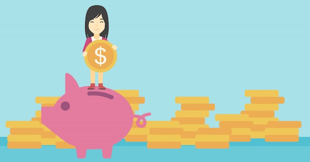 Mujer de negocios poniendo monedas en hucha.