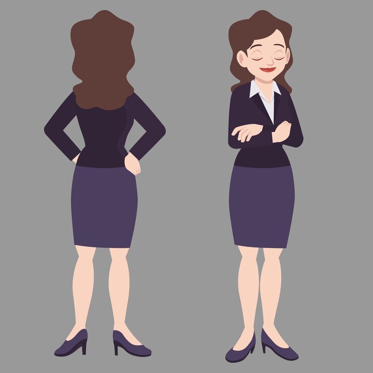 Mujer de negocios poses de pie en trajes vista frontal y vista posterior