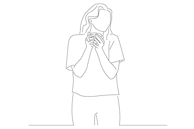 mujer de negocios, posición, por, ventana, sonriente, con, taza de café, contorno, dibujo, estilo, arte