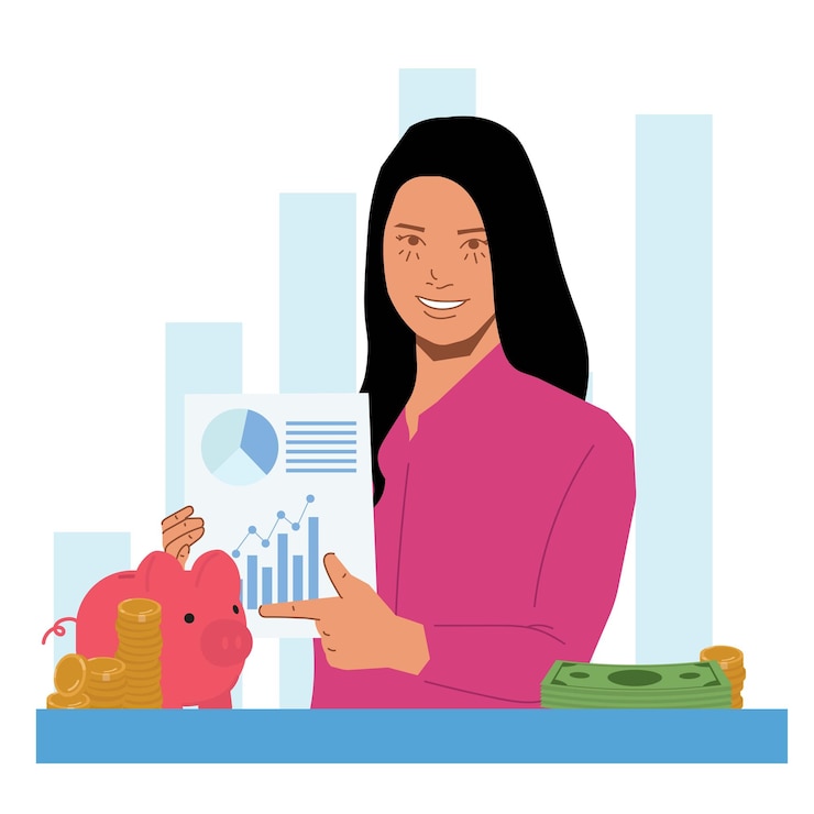 Vector mujer de negocios presente gráfico de finanzas en ilustración plana