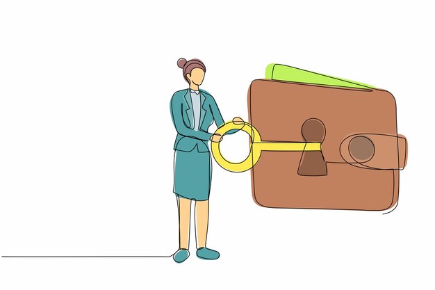 Una mujer de negocios que dibuja una línea continua pone la llave en una caja de regalos con una ilustración de diseño de cinta