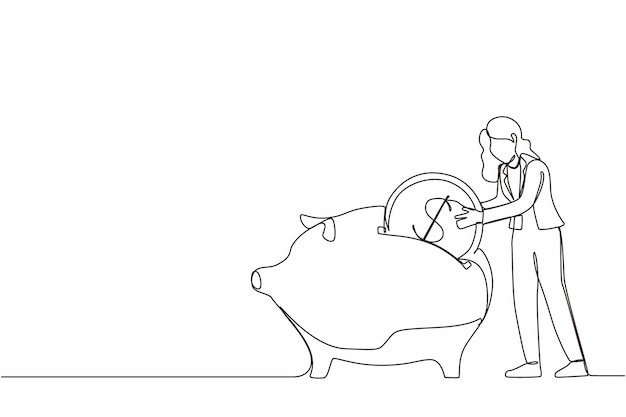 Una mujer de negocios que dibuja una línea continua poniendo una moneda de un dólar en la alcancía Ahorros de dinero