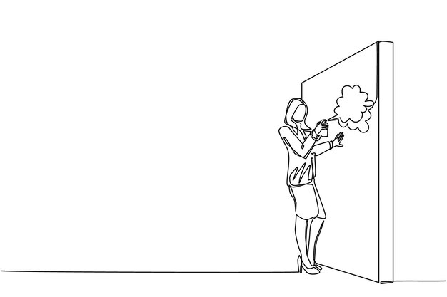 Una mujer de negocios que dibuja una sola línea está pintando un gráfico de ganancias en la pared metáfora de negocios