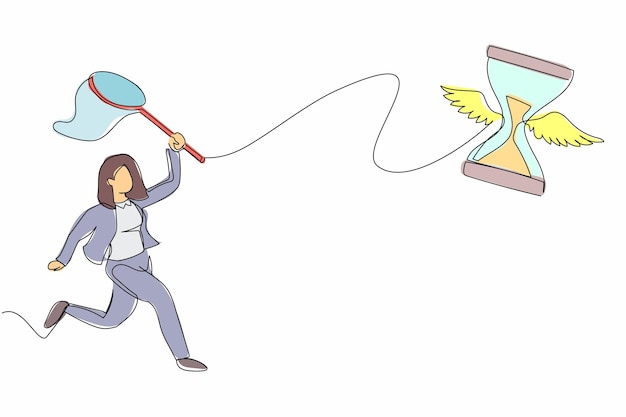 Vector una mujer de negocios que dibuja una sola línea trata de atrapar un reloj de arena volador con una ilustración de red de mariposas