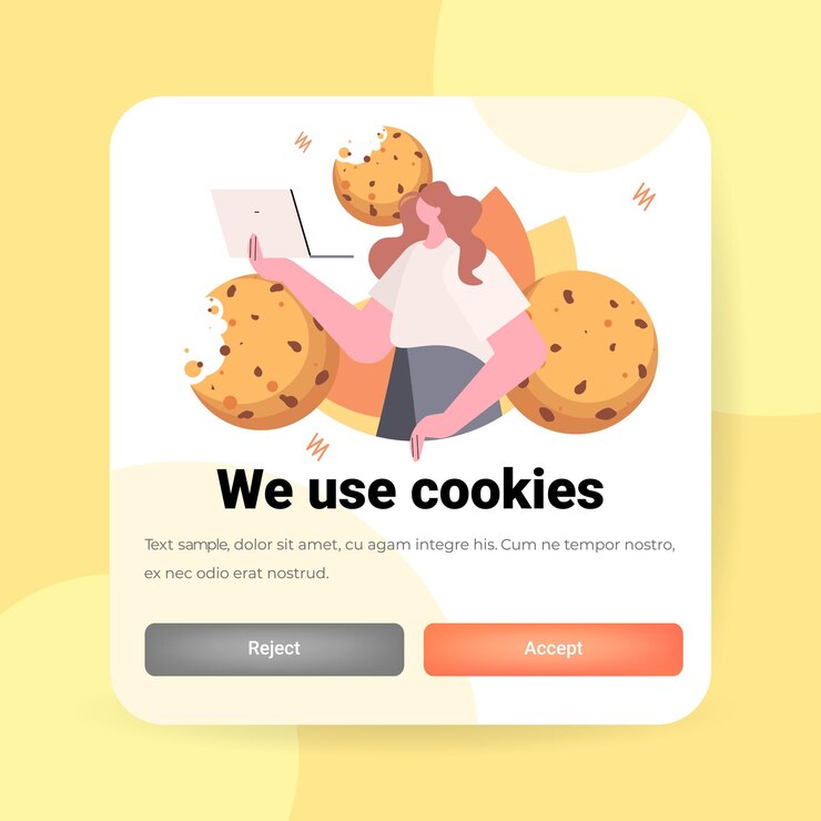 Vector mujer de negocios que sostiene la protección de cookies de la información personal en la web de internet pop-up usamos la política de cookies notificación concepto retrato copia espacio vector ilustración