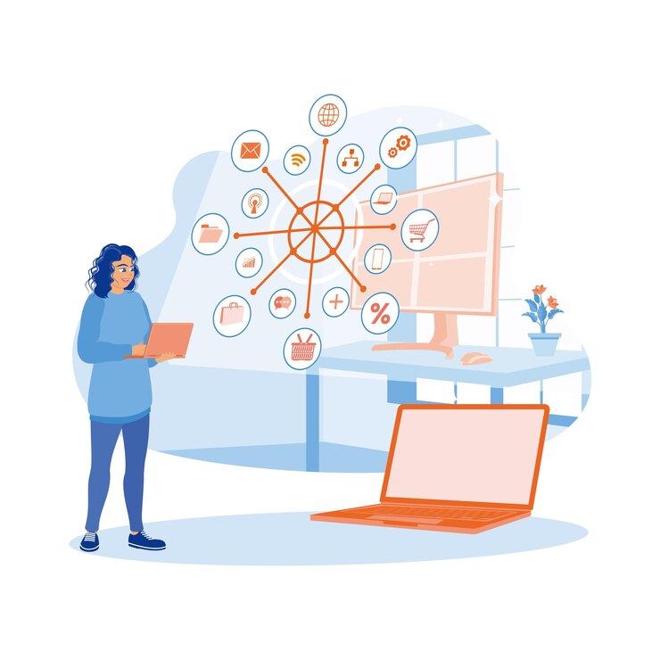 Vector mujer de negocios que usa la computadora portátil y la tableta digital con diagrama de iconos virtuales