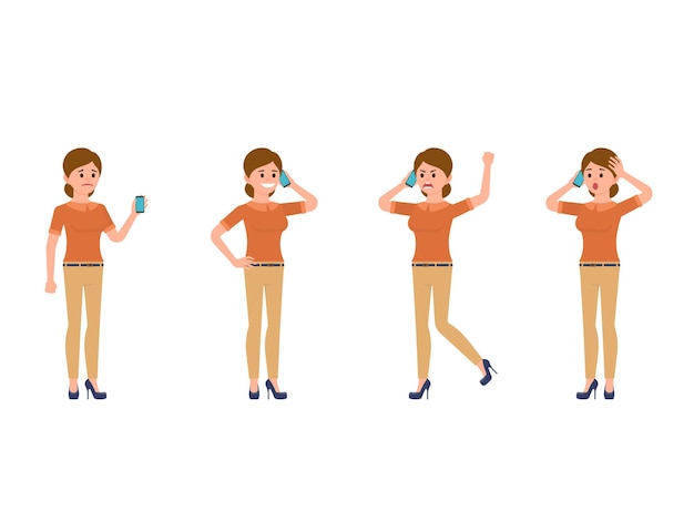 Mujer de negocios que usa un teléfono inteligente personaje de dibujos animados triste feliz enojado llamada telefónica sorprendida
