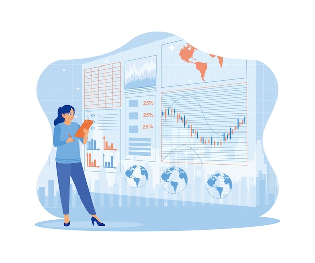 Mujer de negocios que utiliza una tableta con interfaz de negocio digital Analiza los conceptos de marketing a nivel mundial.