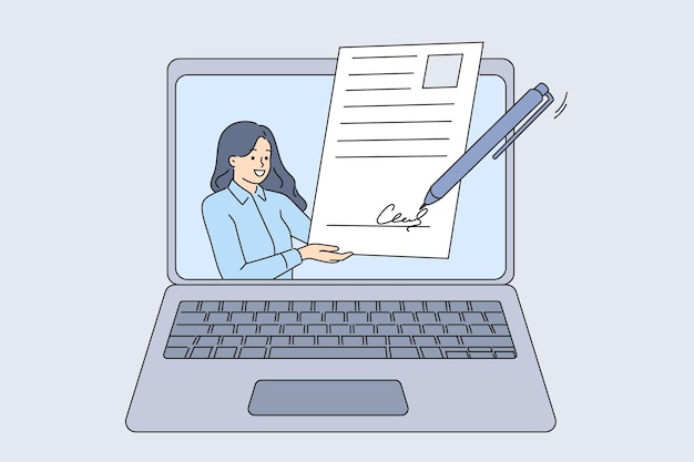 Mujer de negocios recibe documentos de firma electrónica en la pantalla de su portátil y aprueba el contrato en línea