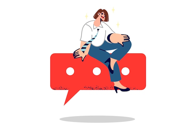 Mujer de negocios recibe un mensaje se sienta en la burbuja de conversación considerando la propuesta de su compañero