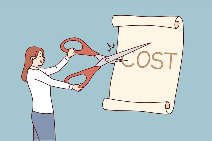 Vector mujer de negocios reduce los costos para obtener más ingresos e invertir corta papel con tijeras