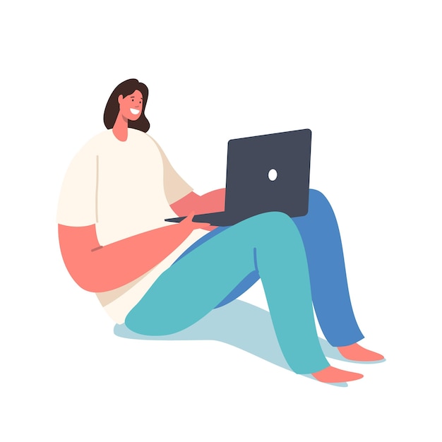 Mujer de negocios relajada, estudiante o autónomo que trabaja en la computadora portátil Siéntese en el piso pensando en las tareas. Ocupación de trabajador autónomo subcontratado, actividad laboral, servicios en línea. Ilustración vectorial de dibujos animados
