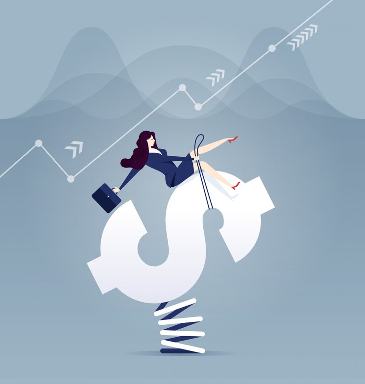 Vector mujer de negocios rodeo dinero signo