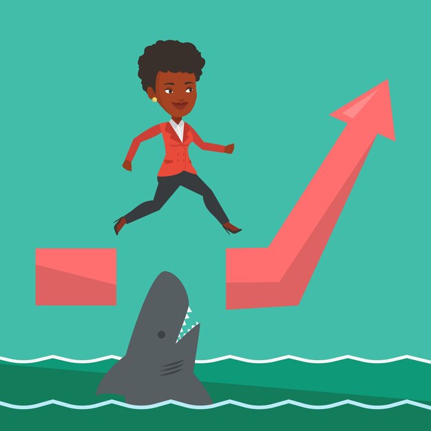 Mujer de negocios saltando sobre el océano con tiburones.