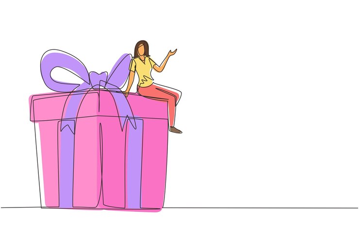 Vector una mujer de negocios sentada en una caja de regalos. ilustración vectorial de un gran presente.