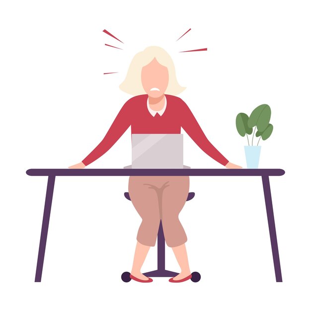 Mujer de negocios sentada en el escritorio mirando asustada en la ilustración vectorial plana de la computadora portátil