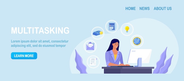 Mujer de negocios sentada en su computadora en la oficina y haciendo muchas tareas al mismo tiempo. Empleado independiente. Habilidades multitarea, gestión eficaz del tiempo y concepto de productividad.