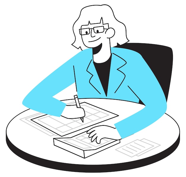 Mujer de negocios sentada en su escritorio y escribiendo en un cuaderno Ilustración vectorial