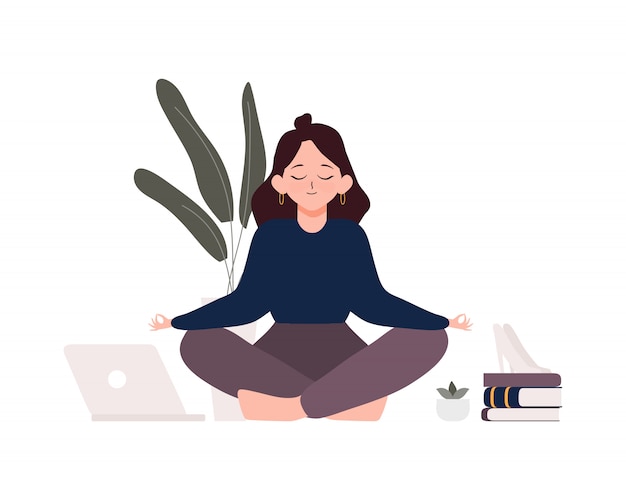 Mujer de negocios sentado en pose de loto padmasana. Empleado de oficina meditando, relajándose o haciendo yoga después del estrés y la ilustración del día de trabajo duro