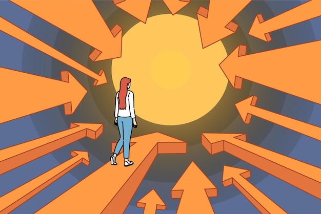 Mujer de negocios sigue audazmente un camino arriesgado hecho de flechas que apuntan a una gran meta y éxito