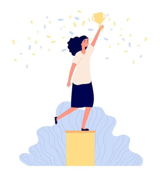 Mujer de negocios sobre pedestal. Éxito en el trabajo del personaje femenino.