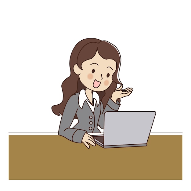 La mujer de negocios sonriente agradable está hablando con alguien en su computadora portátil.