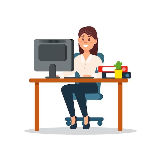 Mujer de negocios sonriente sentada en el escritorio trabajando con un personaje de negocios informáticos trabajando en un vector de dibujos animados de oficina Ilustración sobre un fondo blanco