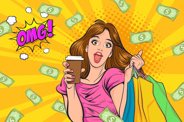 Mujer de negocios sorpresa exitosa e impactante con Falling Money decir WOW OMG Pop art retro comics