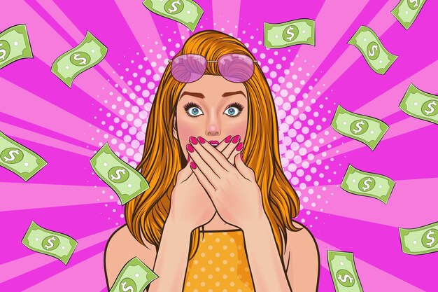 Mujer de negocios sorpresa exitosa e impactante con Falling Money decir WOW OMG Pop art retro comics