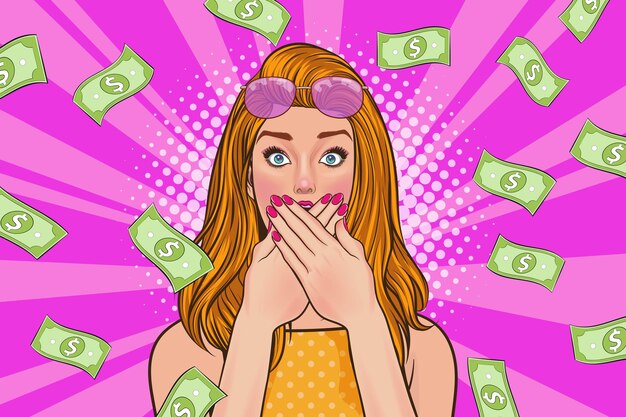 Mujer de negocios sorpresa exitosa e impactante con falling money decir wow omg pop art retro comics