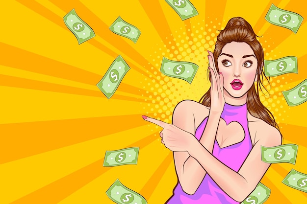 Mujer de negocios sorpresa exitosa e impactante con Falling Money decir WOW OMG Pop art retro comics