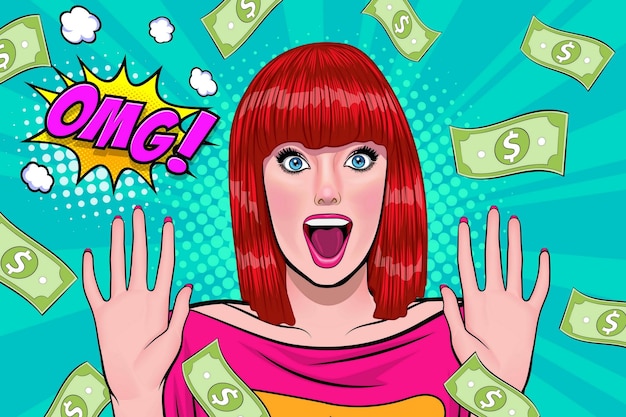 Mujer de negocios sorpresa exitosa e impactante con Falling Money decir WOW Pop art retro comic estilo