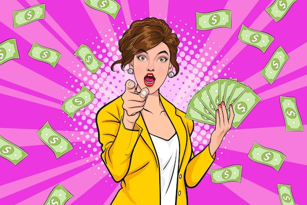 Mujer de negocios sorpresa exitosa e impactante con Falling Money decir WOW Pop art retro comic estilo