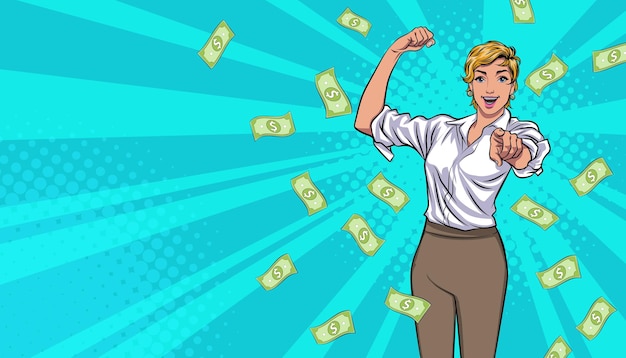 Mujer de negocios sorpresa exitosa con Falling Money decir WOW OMG Pop art estilo cómic retro
