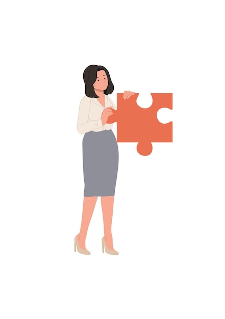 Mujer de negocios sosteniendo una gran pieza de rompecabezas Ilustración de dibujos animados de vector plano