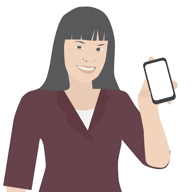 Mujer de negocios sosteniendo una ilustración de Vector de teléfono inteligente. Mujer oficinista mostrando teléfono