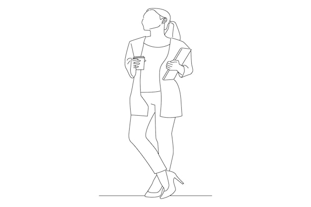 Mujer de negocios sosteniendo una taza de café y una computadora portátil mientras está de pie Arte de estilo de dibujo de esquema