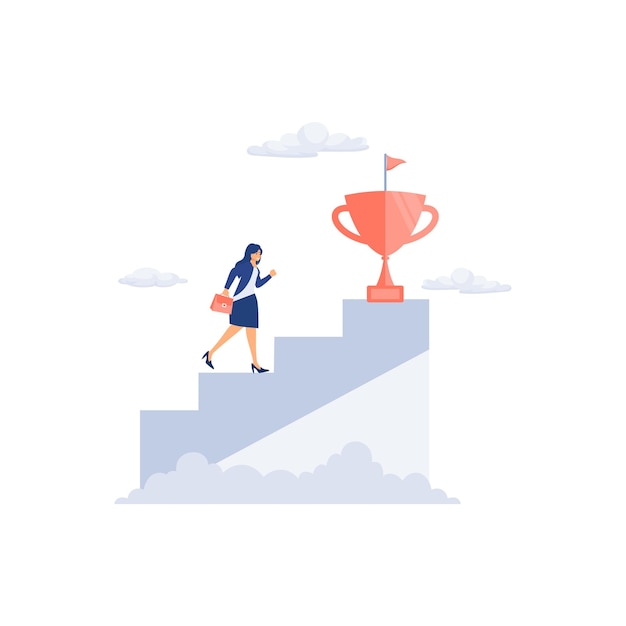 Una mujer de negocios subiendo una escalera al trofeo de oro. Ilustración moderna de vector plano.
