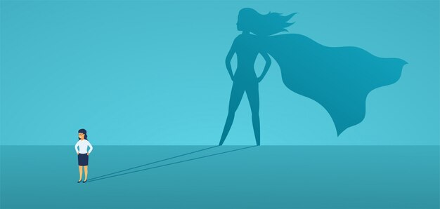 Mujer de negocios con superhéroe de gran sombra. Super gerente líder en negocios. Concepto de éxito, calidad de liderazgo, confianza, emancipación.